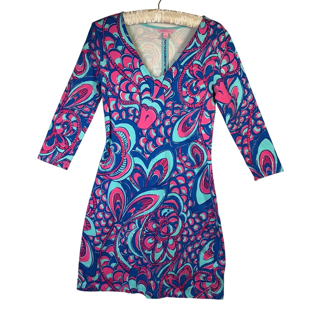 Lilly Pulitzer Sophie Dress Womens XS Blue Pink Excellent V-Neck 3/4 Sleeve Knit